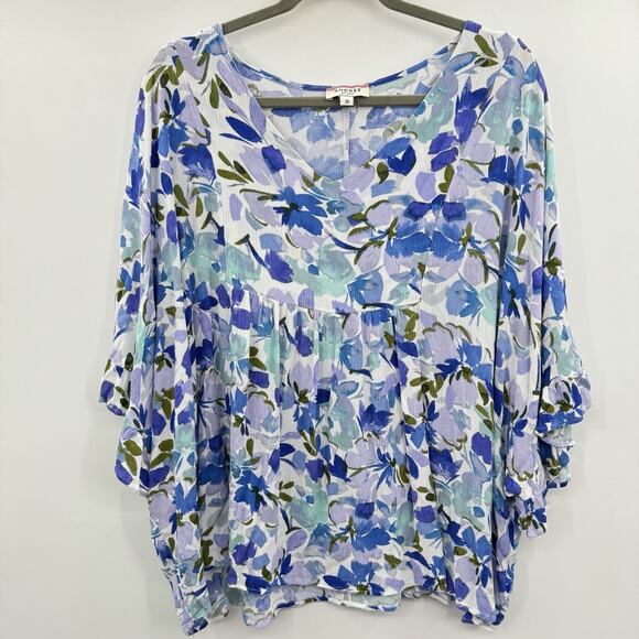 Andree by Unit Garden Floral Ruffle Top Size 2X Blue White Boho Beach Babydoll - Picture 1 of 8